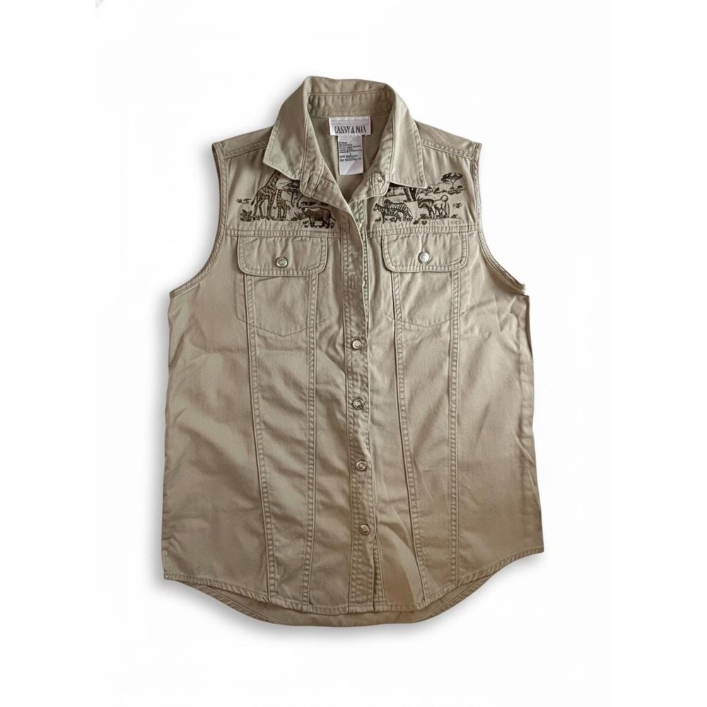 Casey & Max Khaki Cotton Safari Vest Embroidered Animals Tan Sleeveless Top Sz 8